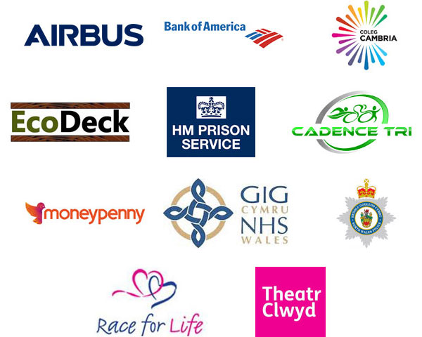 Airbus, Bank of America, Coleg Cambria, EcoDeck, HM Prison Service, Cadence Tri, Moneypenny, NHS Wales, North Wales Police, Race for Life, Theatr Clwyd