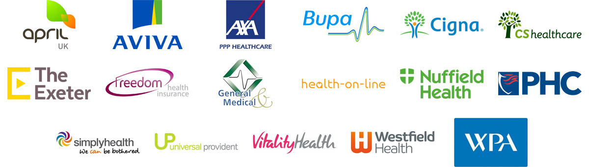 April UK, Aviva, Axa PPP Healthcare, Bupa, Cigna, CS Healthcare, The Exeter, Freedom Health Insurance, General & Medical, Health-on-line, Nuffied Health, PHC, Simply Health, Universal Provident, Vitality Health, Westfield Health, WPA